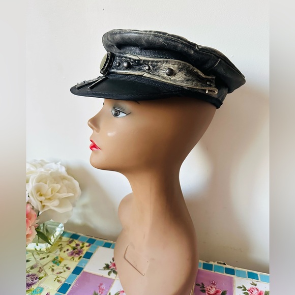 Royal Peasantry Vintage Style Artisan Handmade Black Leather Women's Cap Hat - Picture 4 of 6